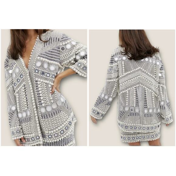 ASOS Jackets & Blazers - ASOS Edition Embellished Pearl & Bead Heavyweight Jacket Gray Size US 8
